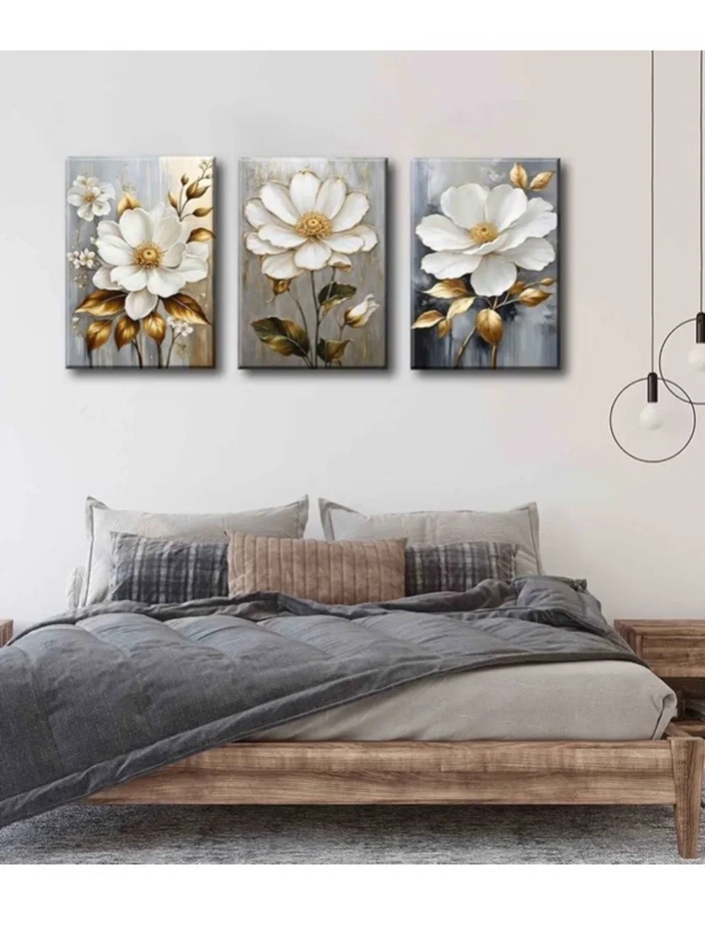 White & Gold Floral Wall Art Canvas - Elegant Home Décor